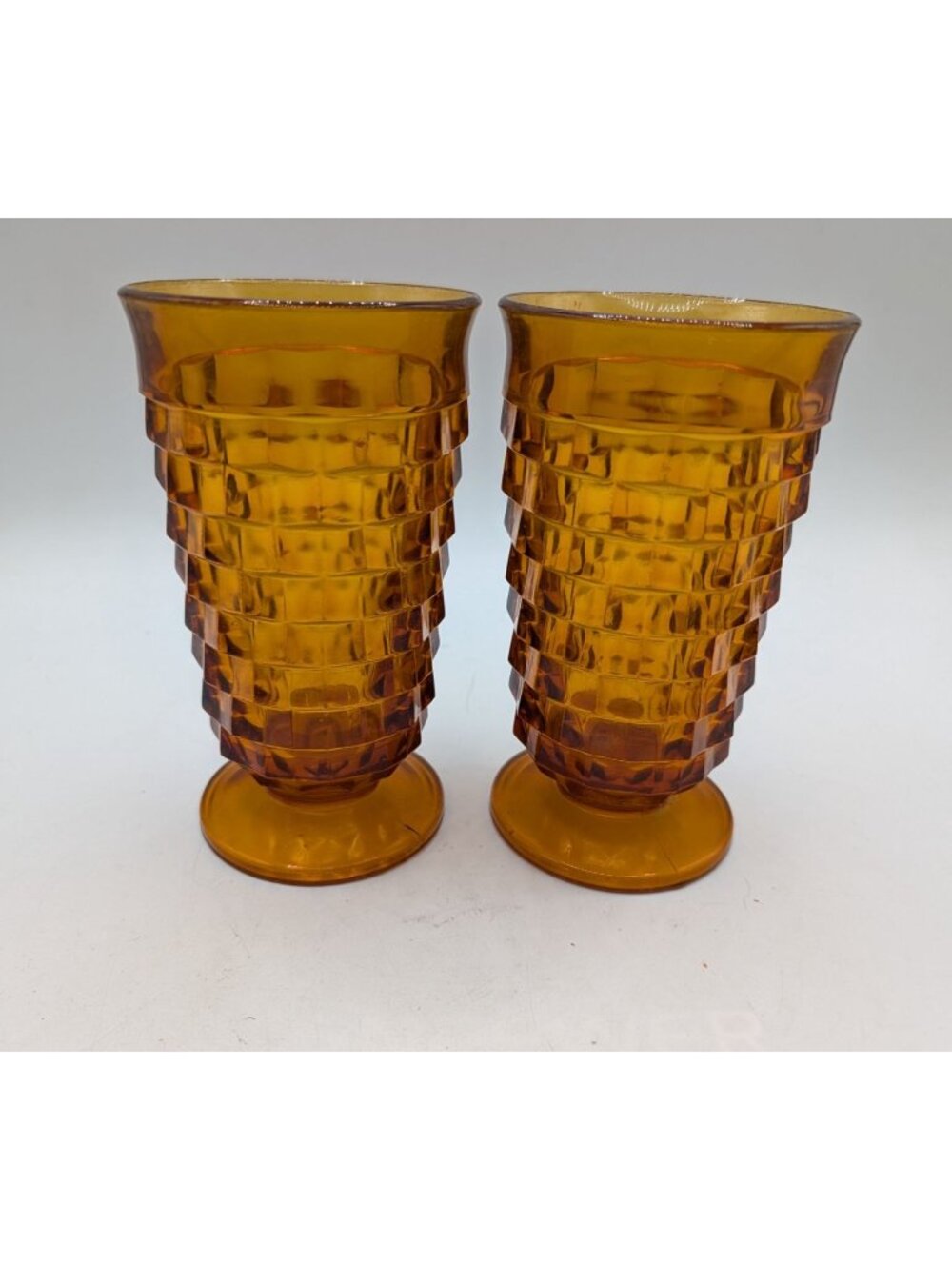 Vintage Amber Glass Cubist Indiana Glass Whitehall Pedestal Tall Cups 6.5" Set O